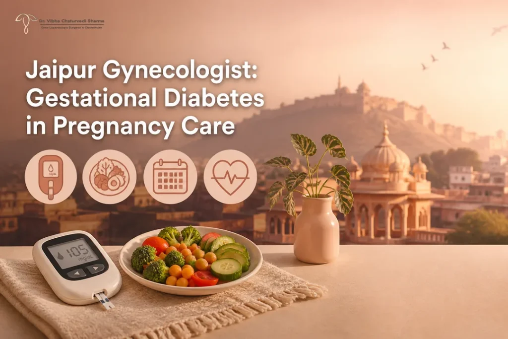 Infographic-style cover on gestational diabetes by a Gynecologist in Jaipur
