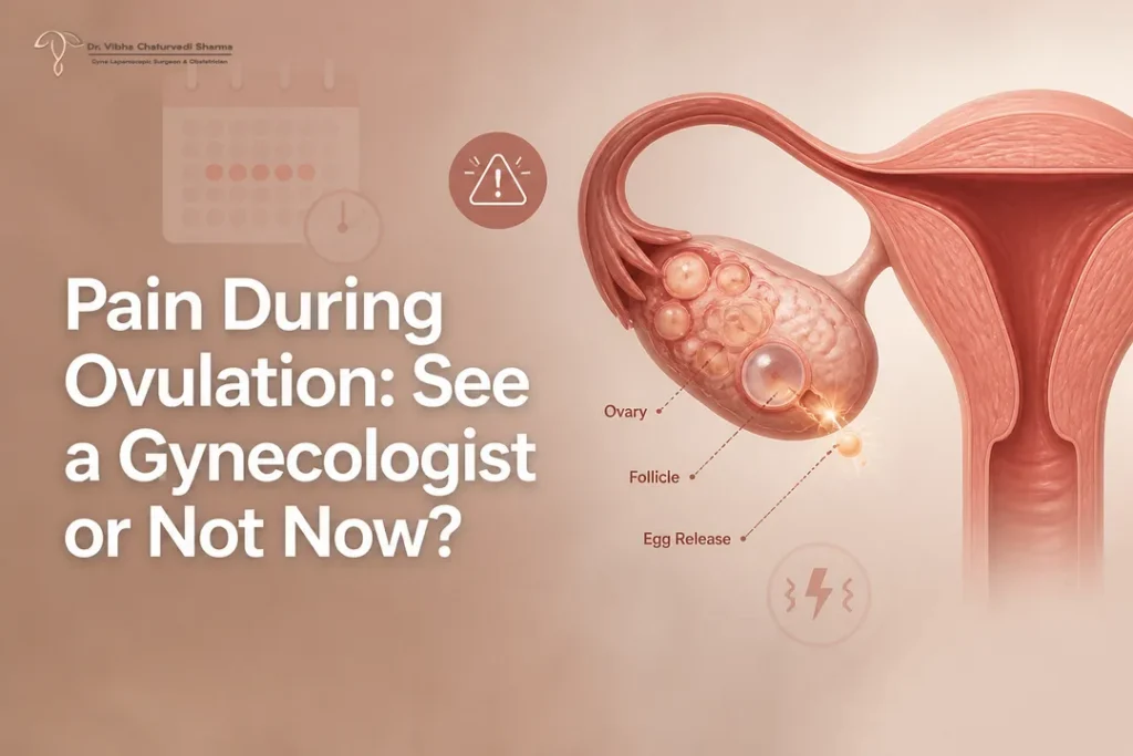 Minimal ovulation pain infographic for a Gynecologist article with ovaries, follicle, and cycle highlights.