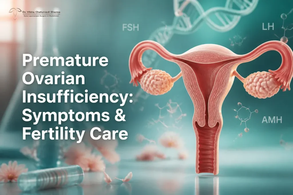 Illustrated uterus symbolizing Premature Ovarian Insufficiency with calming medical design