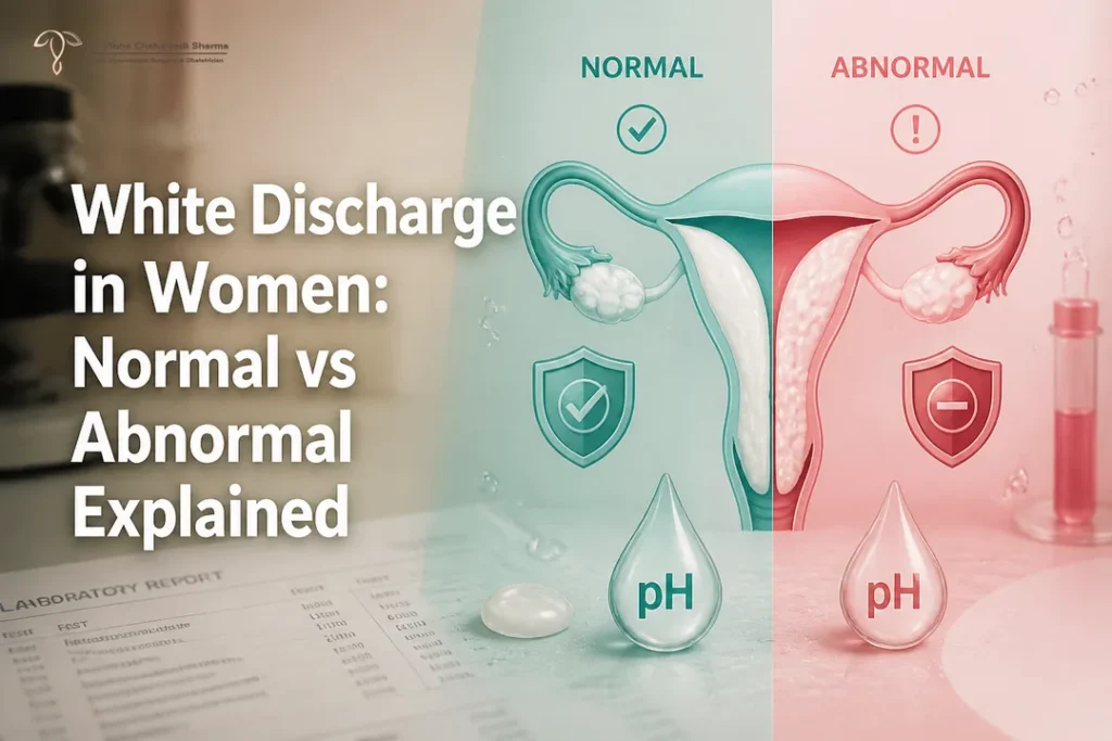 Infographic cover about white discharge in women showing normal vs abnormal signs with medical icons.