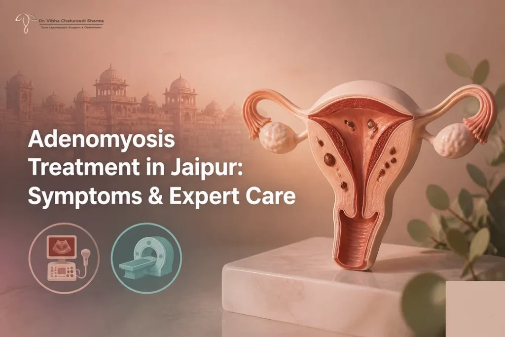 Adenomyosis Treatment in Jaipur illustrated cover with uterus diagram and Jaipur skyline
