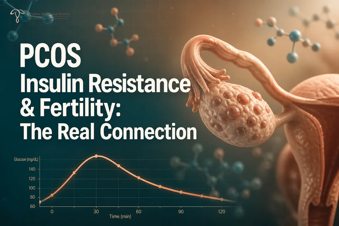 Illustrated cover showing PCOS insulin resistance impacting fertility with clear medical icons.